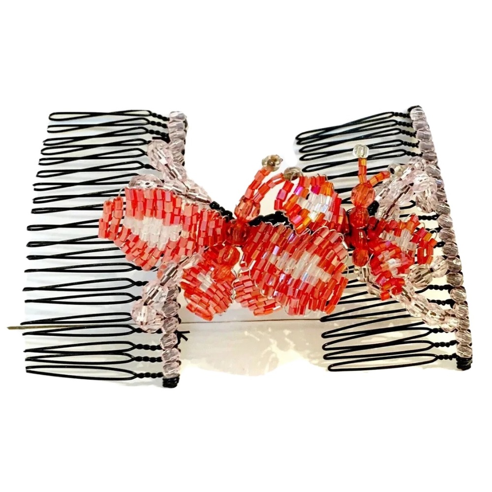 Red And Pink Beaded Butterfly Hair Piece Double Comb Black Sparkly Formal Pretty